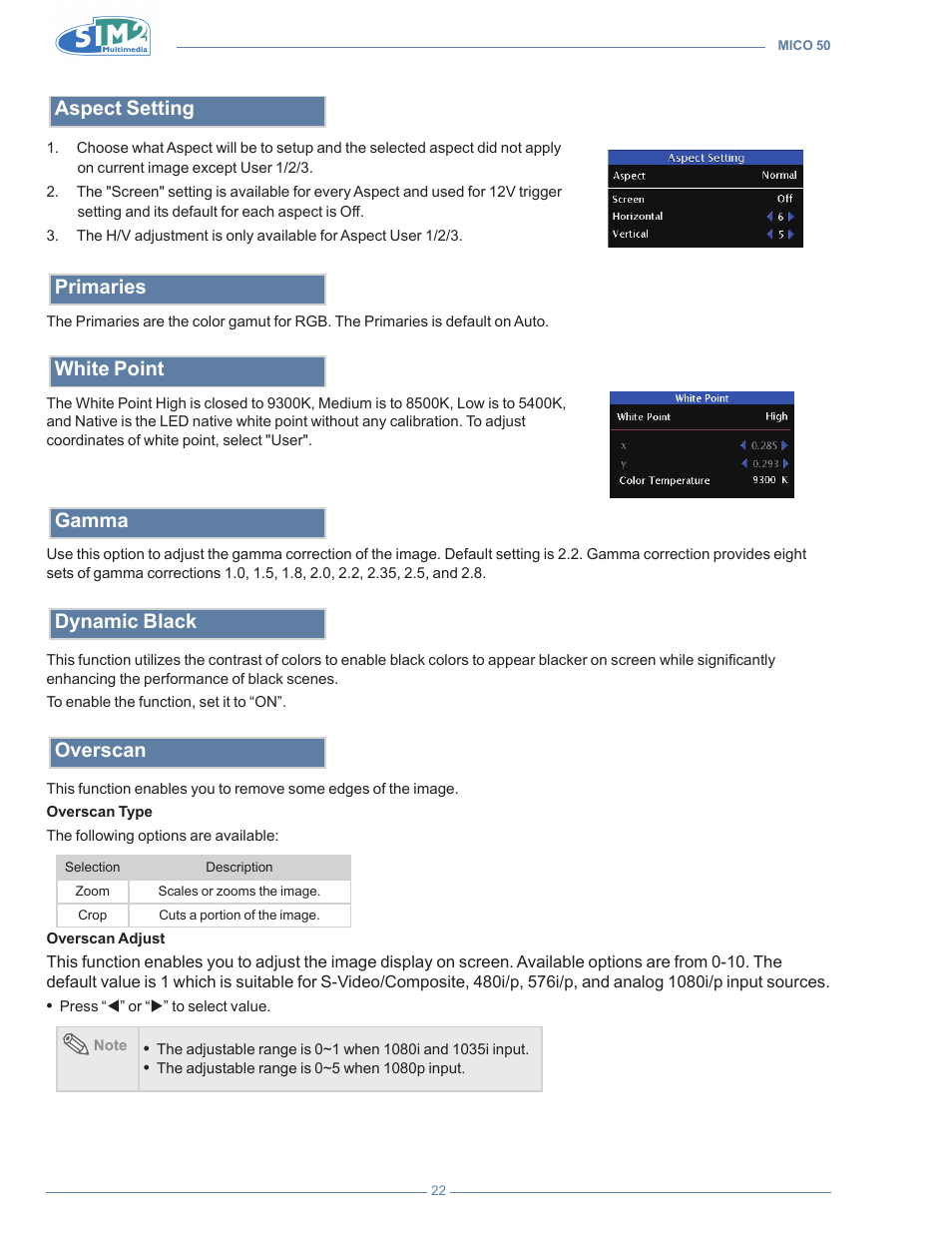 Aspect setting, Primaries, White point | Gamma, Dynamic black, Overscan | Sim2 MICO 50 User Manual | Page 60 / 277