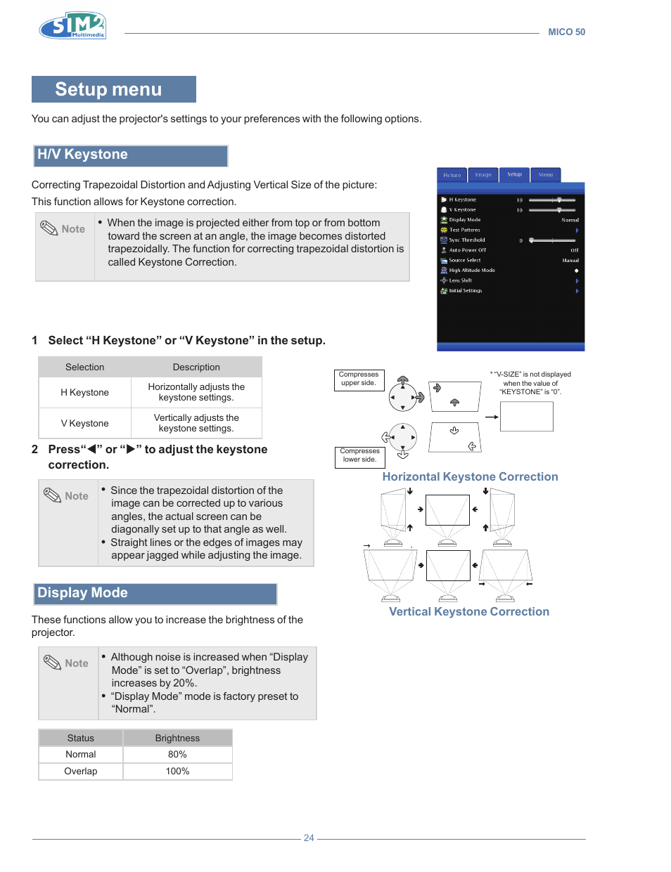 Setup menu, H/v keystone, Display mode | Sim2 MICO 50 User Manual | Page 62 / 277