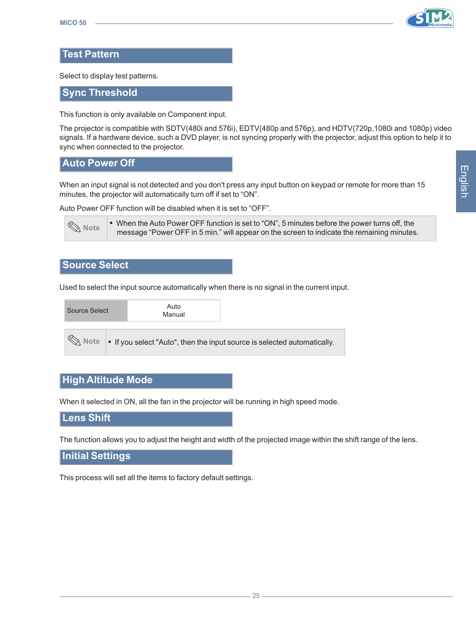 English, Test pattern, Sync threshold | Auto power off, Source select, High altitude mode, Lens shift, Initial settings | Sim2 MICO 50 User Manual | Page 63 / 277
