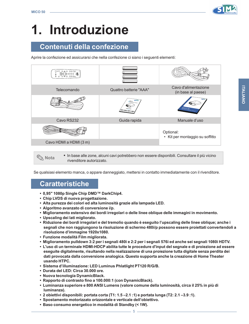 Introduzione, Contenuti della confezione, Caratteristiche | Introduzion, Introduzione 1 | Sim2 MICO 50 User Manual | Page 7 / 277