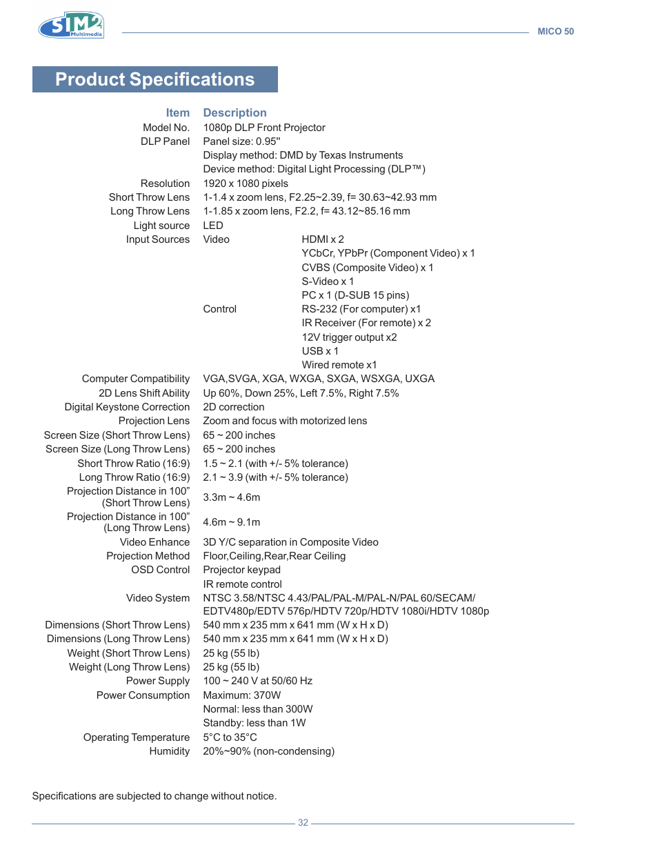 Product specifications | Sim2 MICO 50 User Manual | Page 70 / 277