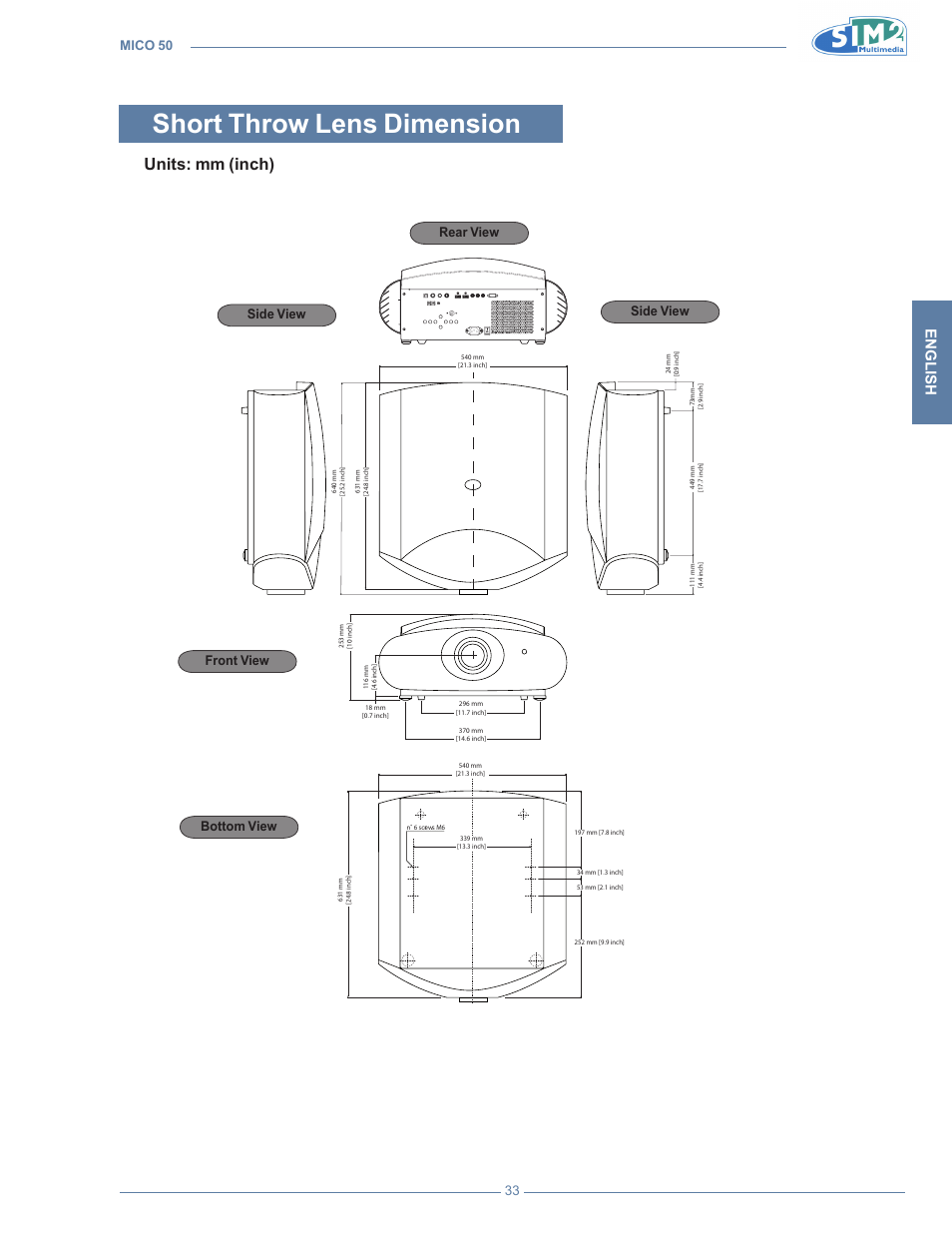Short throw lens dimension, Units: mm (inch), English | Mico 50 33 | Sim2 MICO 50 User Manual | Page 71 / 277