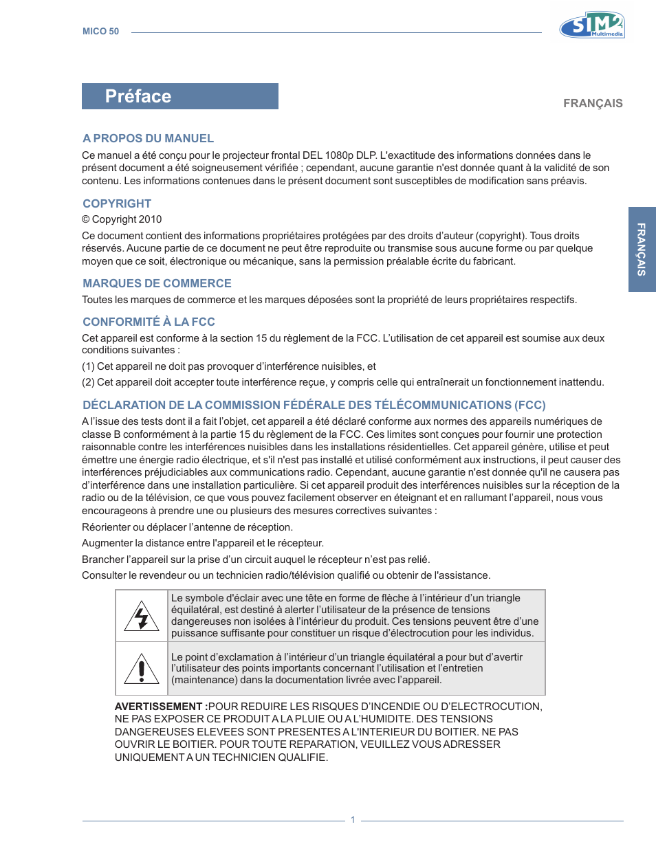 Préface | Sim2 MICO 50 User Manual | Page 73 / 277