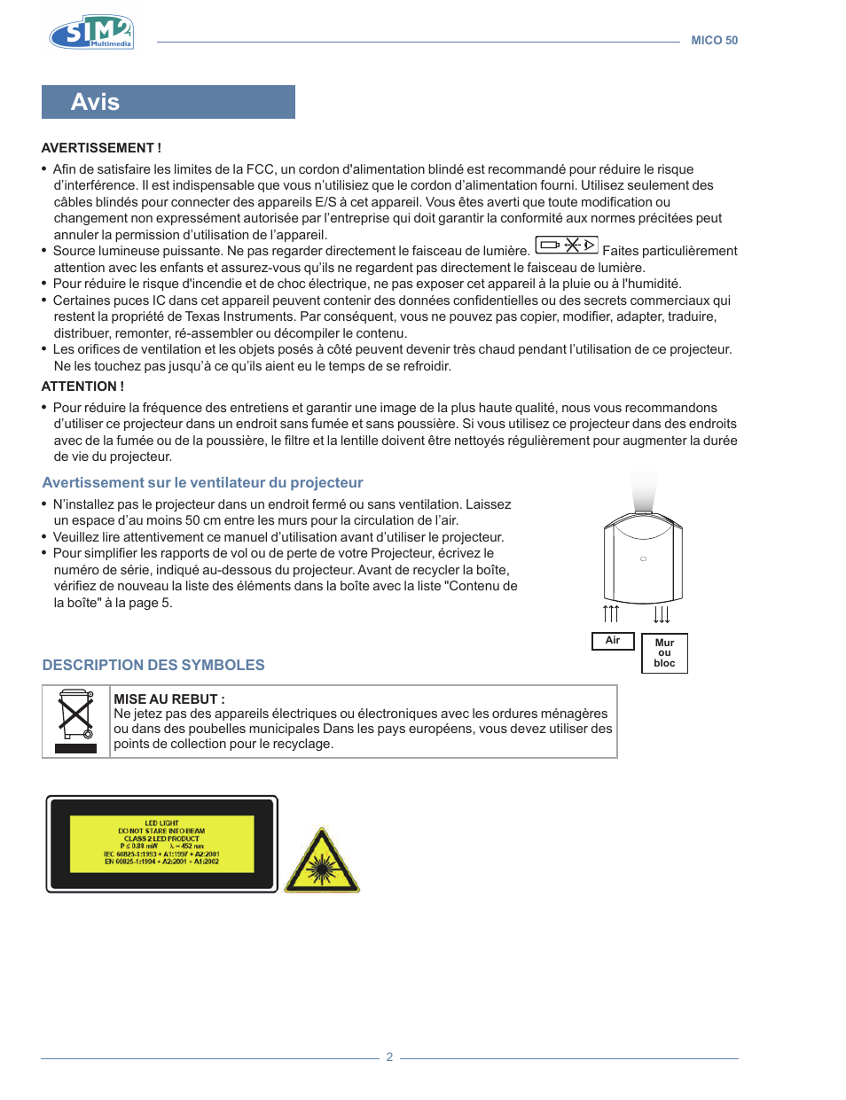 Avis | Sim2 MICO 50 User Manual | Page 74 / 277
