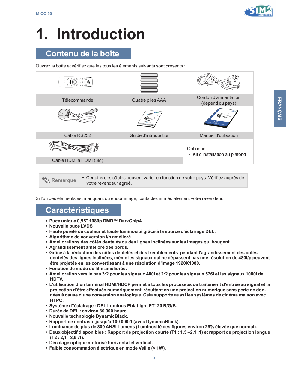 Introduction, Contenu de la boîte, Caractéristiques | Introductio, Introduction 1 | Sim2 MICO 50 User Manual | Page 77 / 277