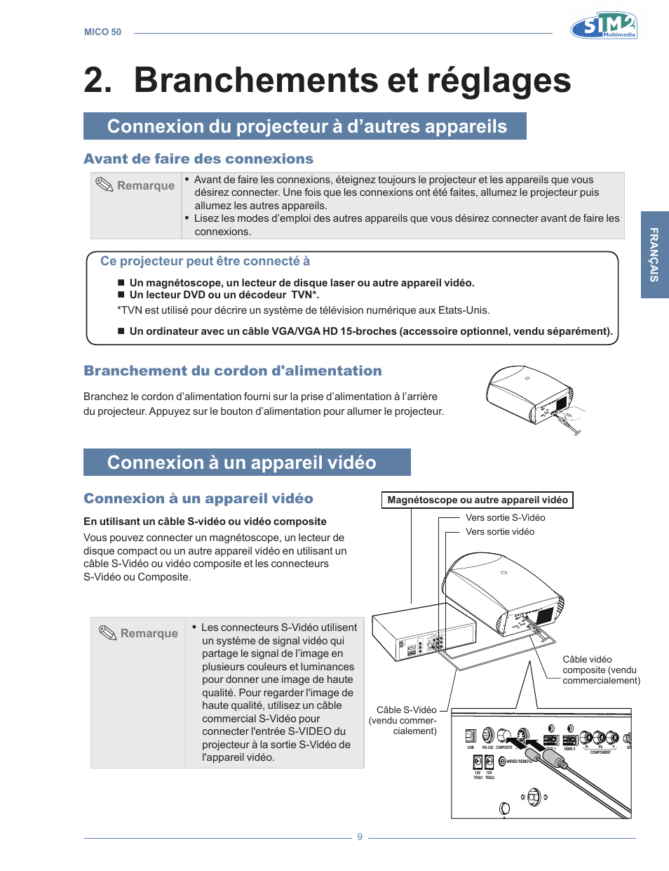 Branchements et réglages, Connexion du projecteur à d’autres appareils, Avant de faire des connexions | Branchement du cordon d'alimentation, Connexion à un appareil vidéo, Branchements et réglage, Branchements et réglages 2, Ce projecteur peut être connecté à | Sim2 MICO 50 User Manual | Page 81 / 277