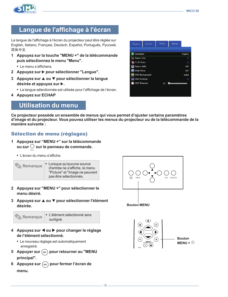 Langue de l'affichage à l'écran, Utilisation du menu, Sélection de menu (réglages) | Sim2 MICO 50 User Manual | Page 90 / 277