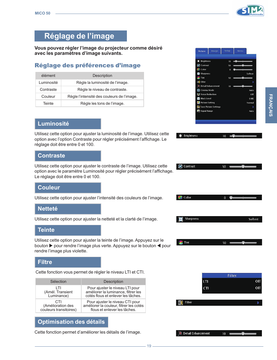 Réglage de l’image, Réglage des préférences d’image, Luminosité | Contraste, Couleur, Netteté, Teinte, Filtre, Optimisation des détails | Sim2 MICO 50 User Manual | Page 91 / 277