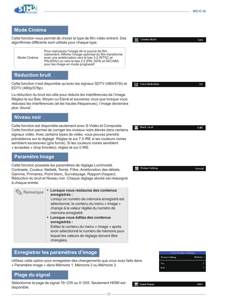 Mode cinéma, Réduction bruit, Niveau noir | Paramètre image, Enregistrer les paramètres d’image, Plage du signal | Sim2 MICO 50 User Manual | Page 92 / 277