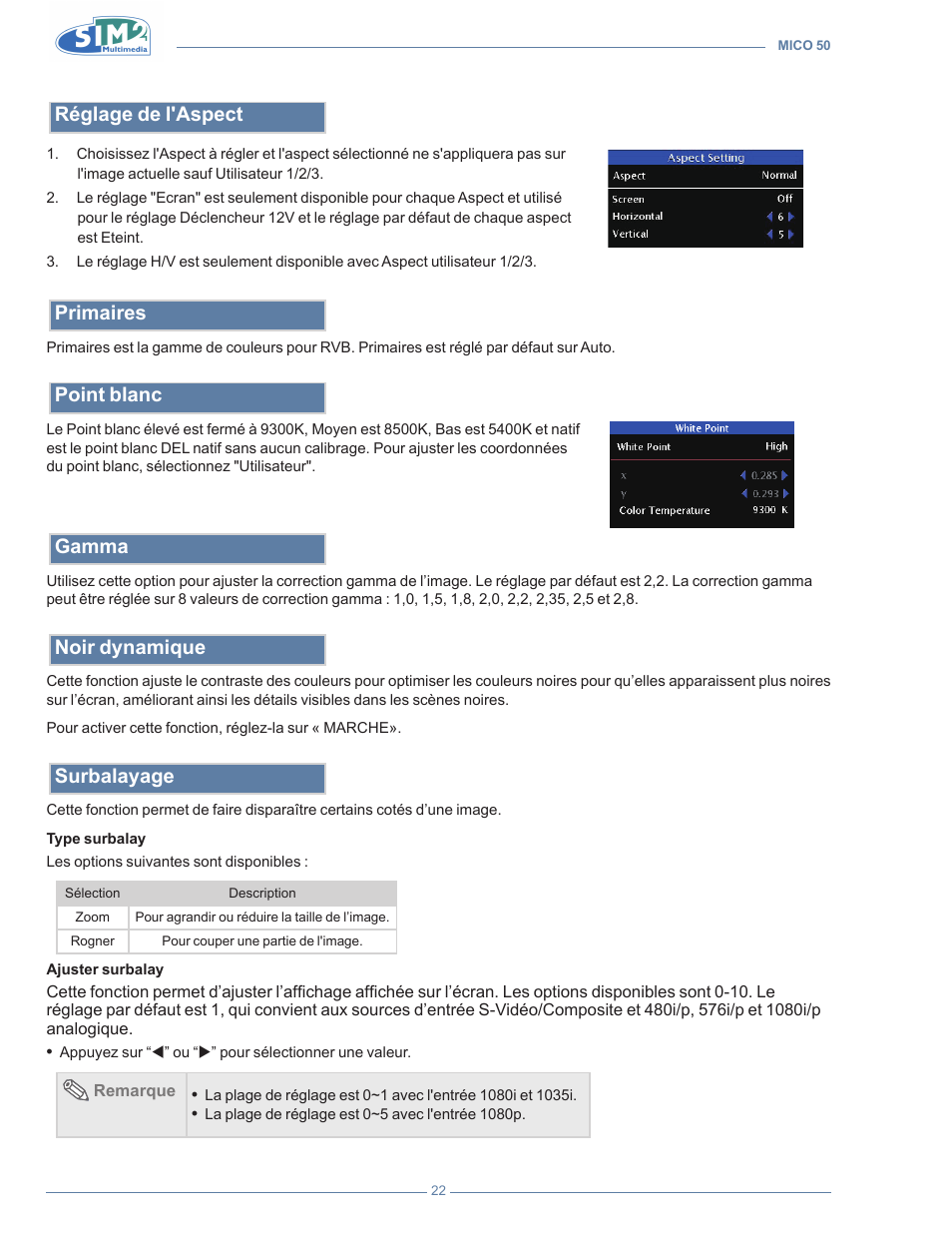Réglage de l'aspect, Primaires, Point blanc | Gamma, Noir dynamique, Surbalayage | Sim2 MICO 50 User Manual | Page 94 / 277