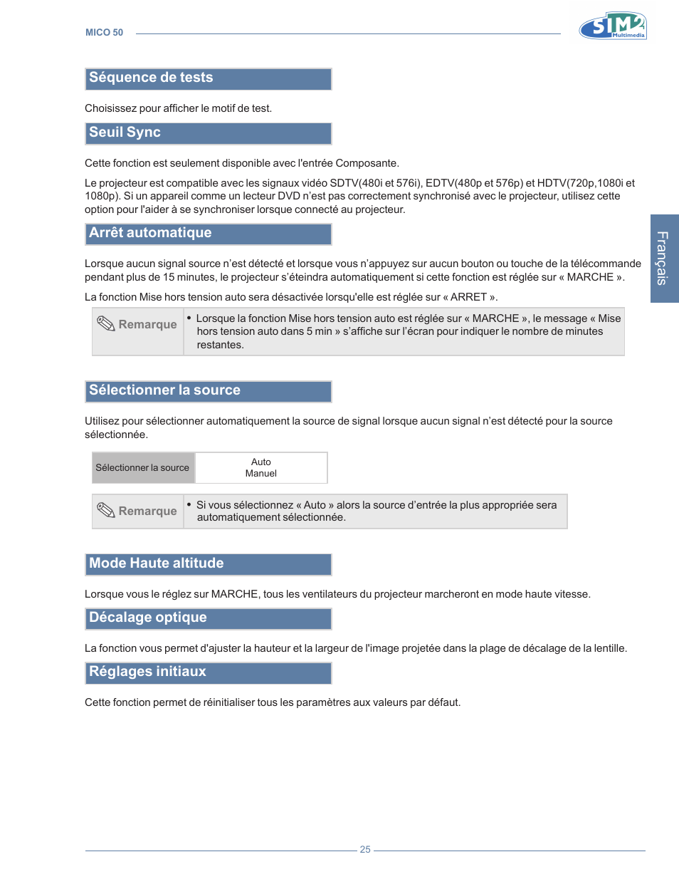 Français, Séquence de tests, Seuil sync | Arrêt automatique, Sélectionner la source, Mode haute altitude, Décalage optique, Réglages initiaux | Sim2 MICO 50 User Manual | Page 97 / 277