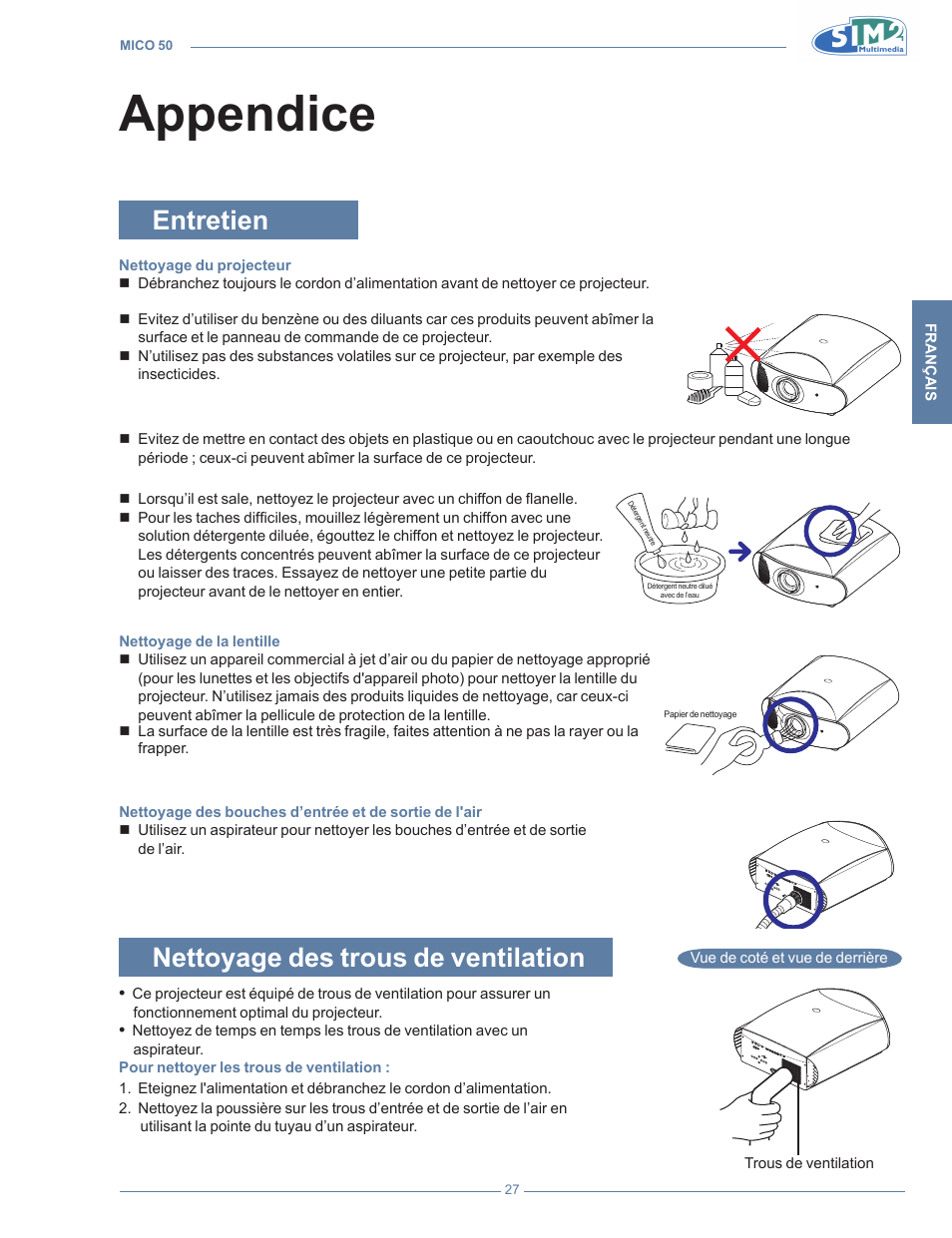 Appendice, Entretien, Nettoyage des trous de ventilation | Appendic | Sim2 MICO 50 User Manual | Page 99 / 277
