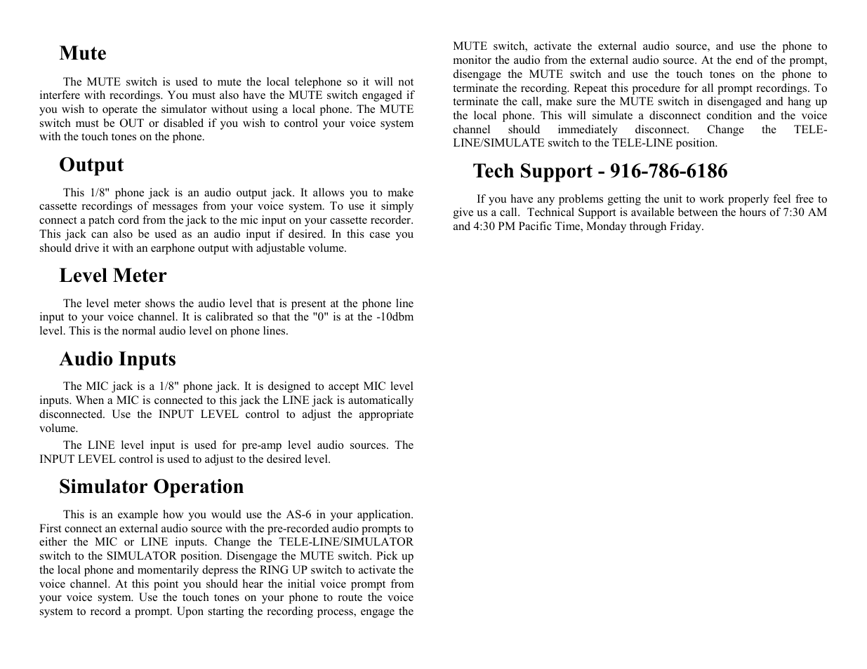 Mute, Output, Level meter | Audio inputs, Simulator operation, Tech support - 916-786-6186 | Skutch Electronics AS-6 User Manual | Page 2 / 3