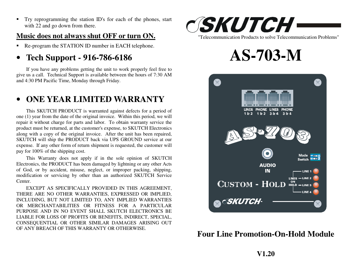 As-703-m, One year limited warranty, Four line promotion-on-hold module | Skutch Electronics AS-703-M User Manual | Page 2 / 2