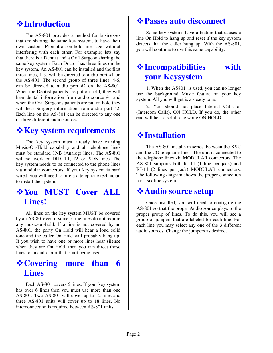 Introduction, Key system requirements, You must cover all lines | Covering more than 6 lines, Passes auto disconnect, Incompatibilities with your keysystem, Installation, Audio source setup | Skutch Electronics AS-801 User Manual | Page 2 / 4