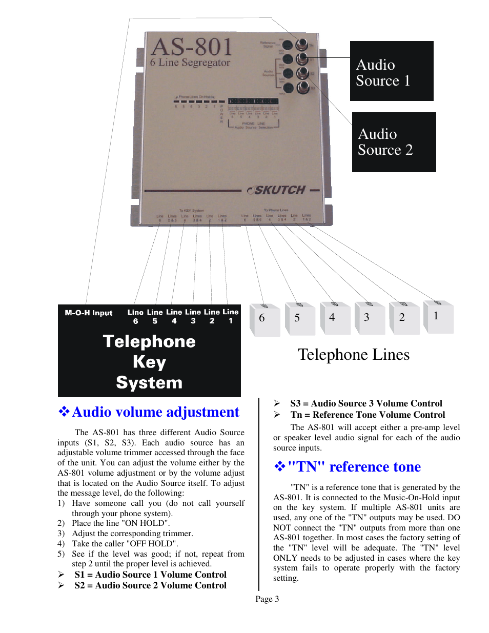 Telephone lines, Audio source 1 audio source 2, Audio volume adjustment | Tn" reference tone | Skutch Electronics AS-801 User Manual | Page 3 / 4