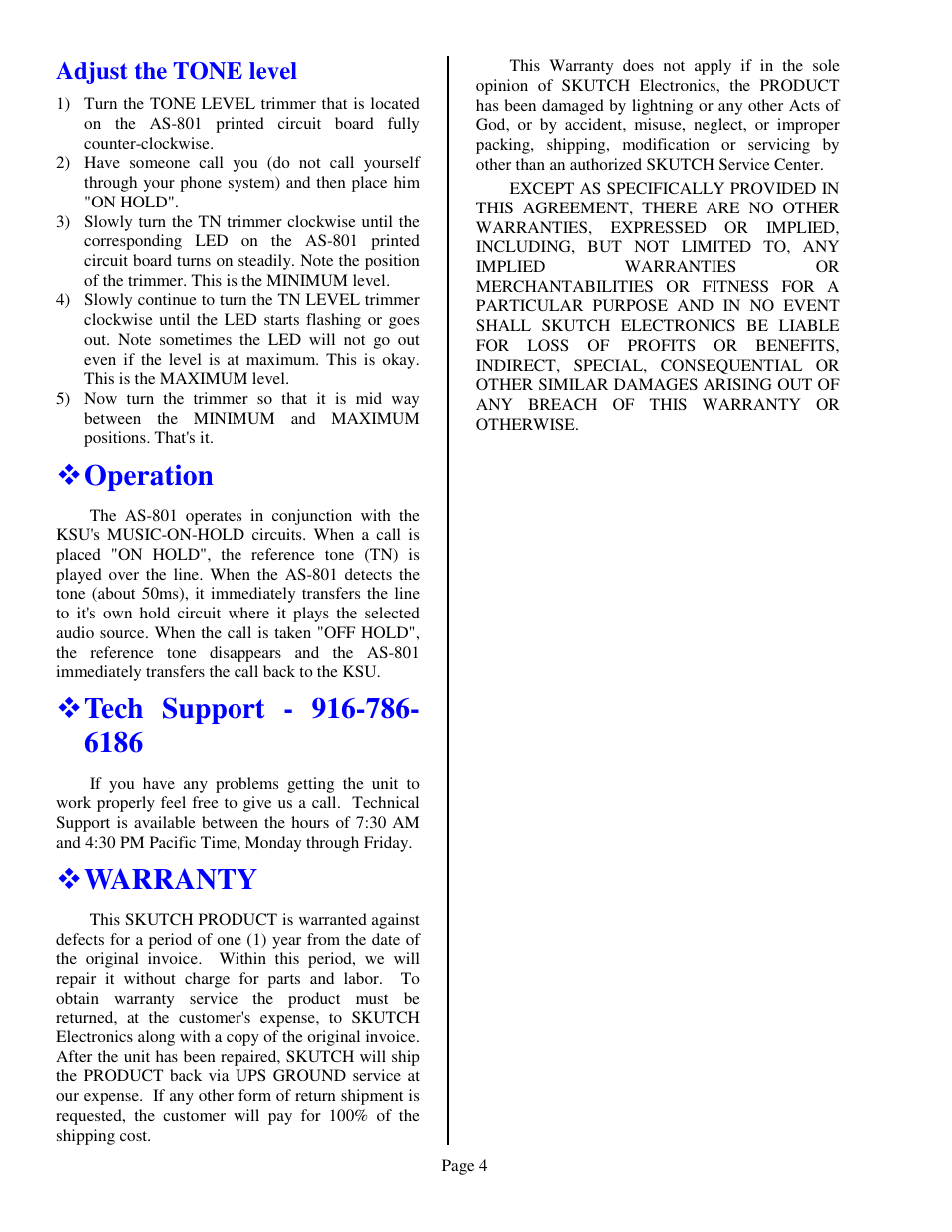Operation, Warranty, Adjust the tone level | Skutch Electronics AS-801 User Manual | Page 4 / 4