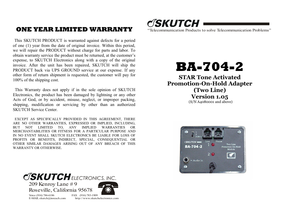 Skutch Electronics BA-704-2 User Manual | 2 pages