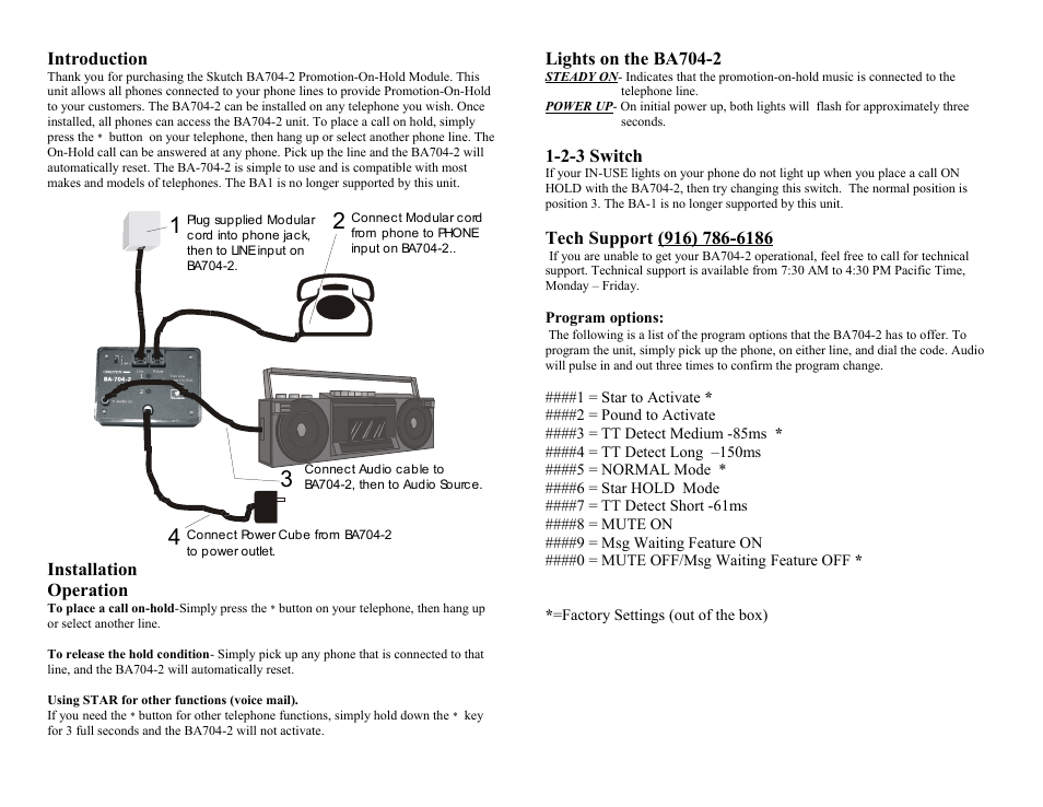 Introduction, Installation, Operation | Lights on the ba704-2, 2-3 switch, Tech support (916) 786-6186 | Skutch Electronics BA-704-2 User Manual | Page 2 / 2