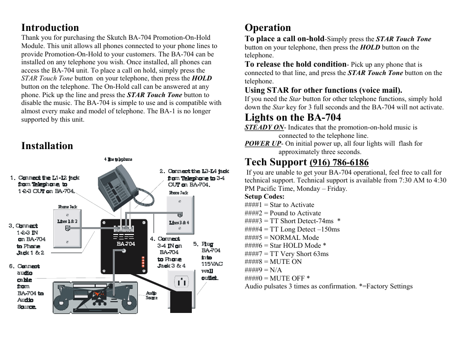 Introduction, Installation, Operation | Lights on the ba-704, Tech support (916) 786-6186, Installation operation, Tech support | Skutch Electronics BA-704 User Manual | Page 2 / 2