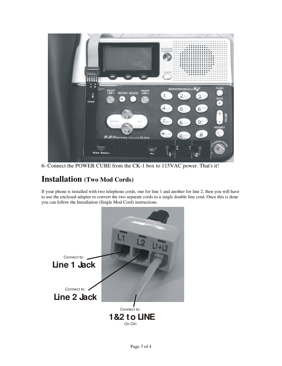 Installation, 1&2 t o line, Line 1 jack | Line 2 jack | Skutch Electronics CK-1A3 User Manual | Page 3 / 4