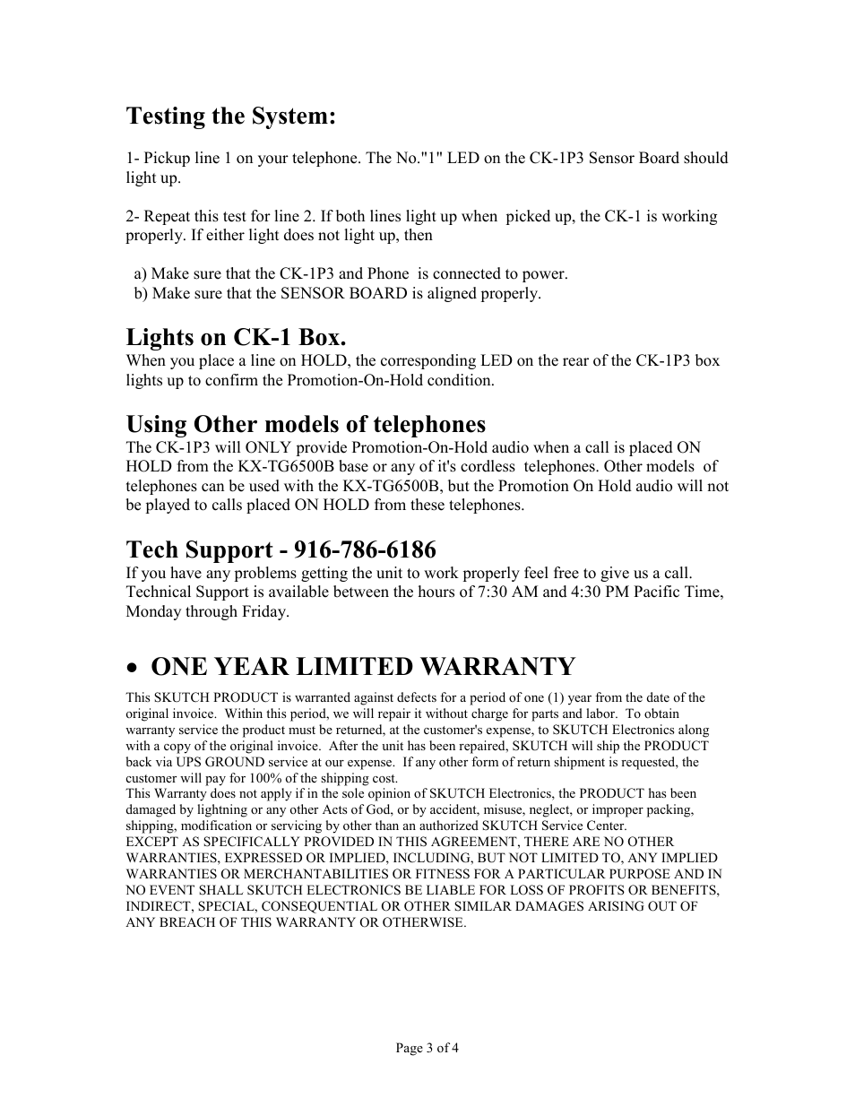 One year limited warranty, Testing the system, Lights on ck-1 box | Using other models of telephones | Skutch Electronics CK-1P3 User Manual | Page 3 / 4