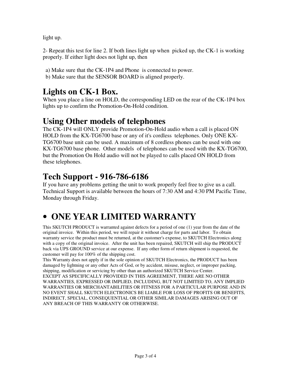 One year limited warranty, Lights on ck-1 box, Using other models of telephones | Skutch Electronics CK-1P4 User Manual | Page 3 / 4