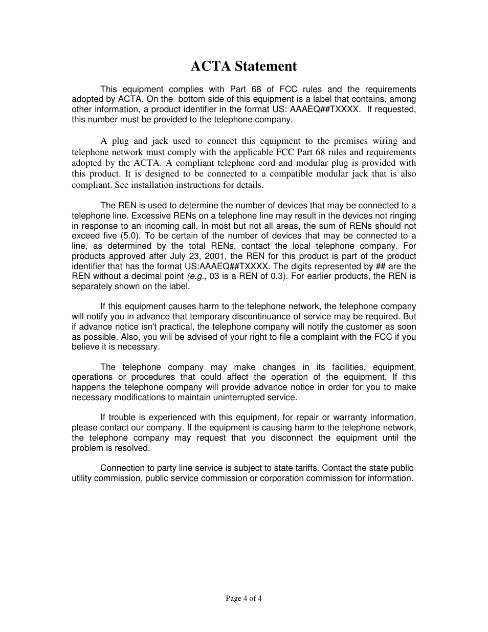 Acta statement | Skutch Electronics CK-1P4 User Manual | Page 4 / 4