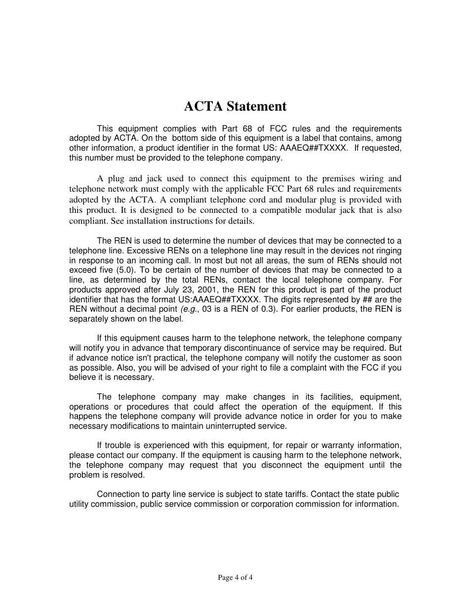 Acta statement | Skutch Electronics CK-1P6 User Manual | Page 4 / 4