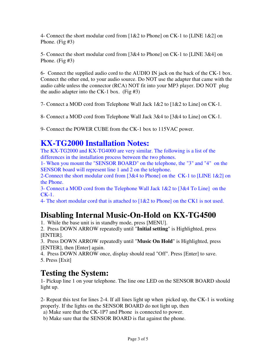 Disabling internal music-on-hold on kx-tg4500, Testing the system | Skutch Electronics CK-1P7 User Manual | Page 3 / 5