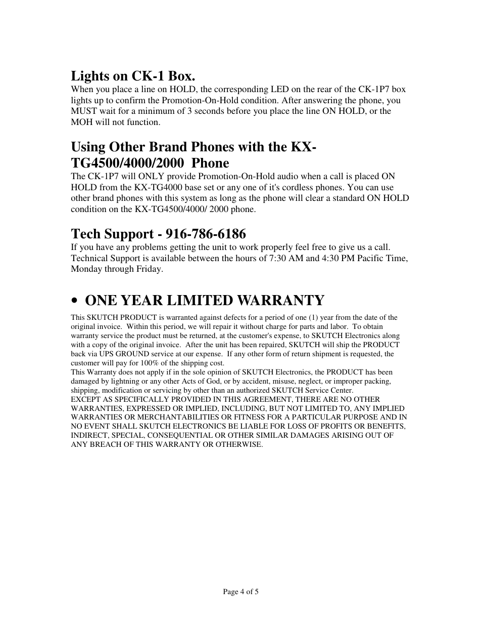 One year limited warranty, Lights on ck-1 box | Skutch Electronics CK-1P7 User Manual | Page 4 / 5