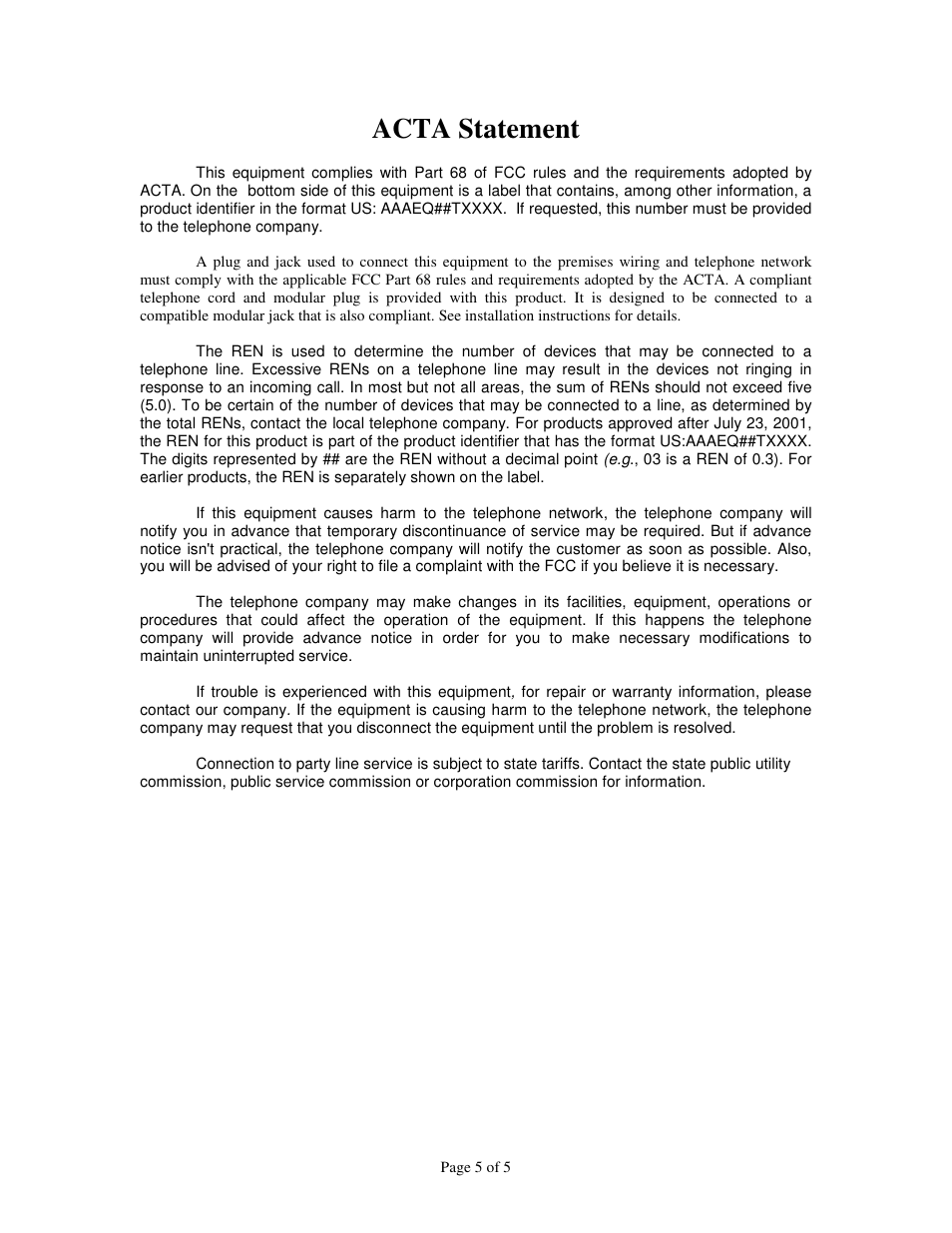Acta statement | Skutch Electronics CK-1P7 User Manual | Page 5 / 5