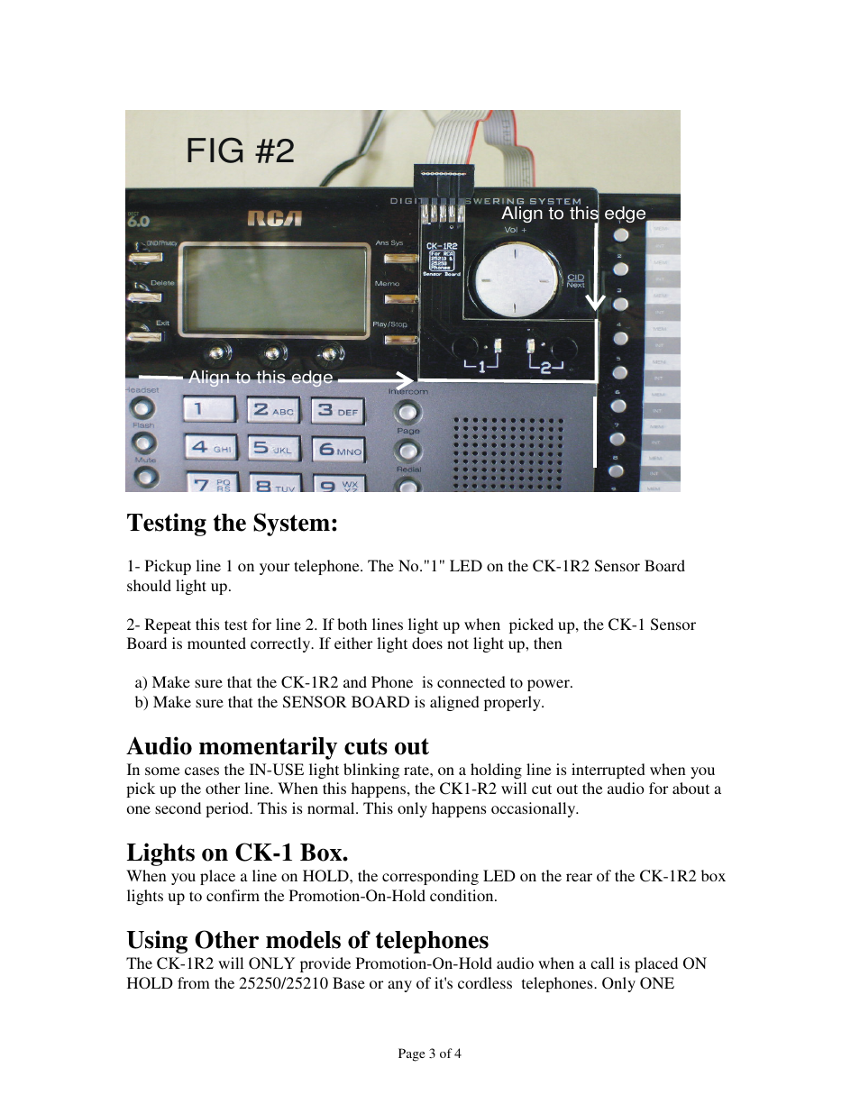 Fig #2, Testing the system, Audio momentarily cuts out | Lights on ck-1 box, Using other models of telephones | Skutch Electronics CK-1R2 User Manual | Page 3 / 4