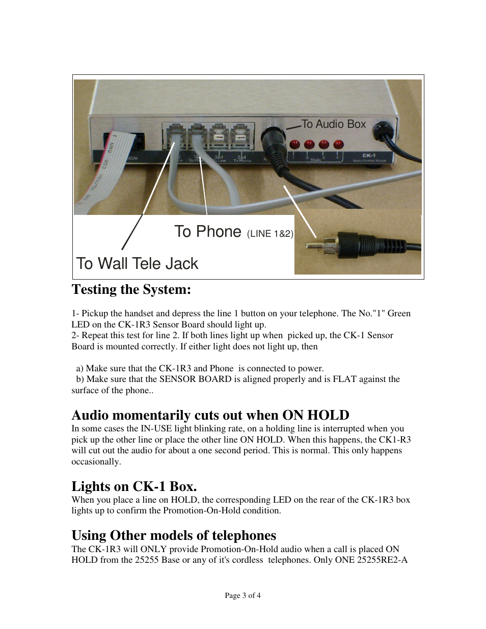 Testing the system, Audio momentarily cuts out when on hold, Lights on ck-1 box | Using other models of telephones | Skutch Electronics CK-1R3 User Manual | Page 3 / 4