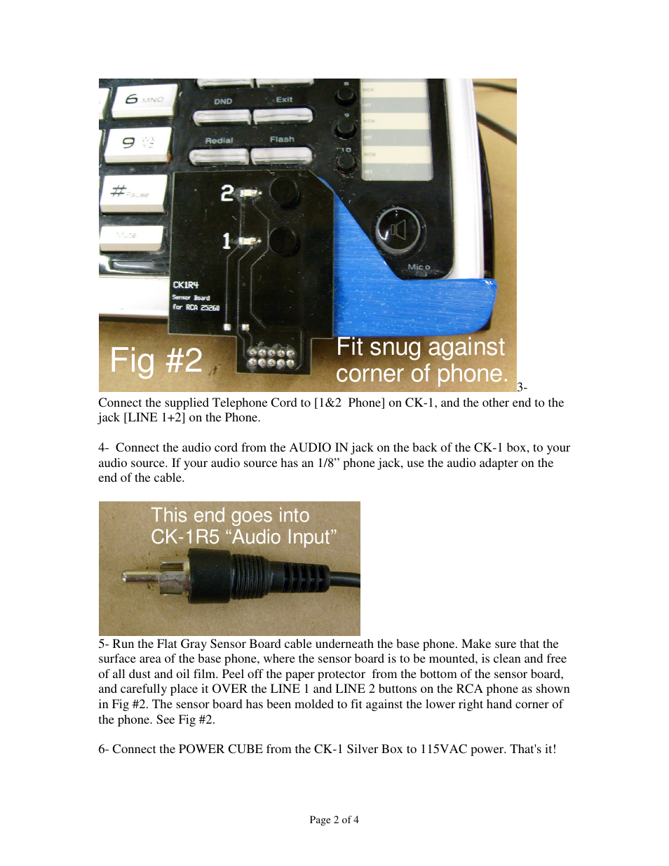 Fig #2, Fit snug against corner of phone | Skutch Electronics CK-1R4 User Manual | Page 2 / 4