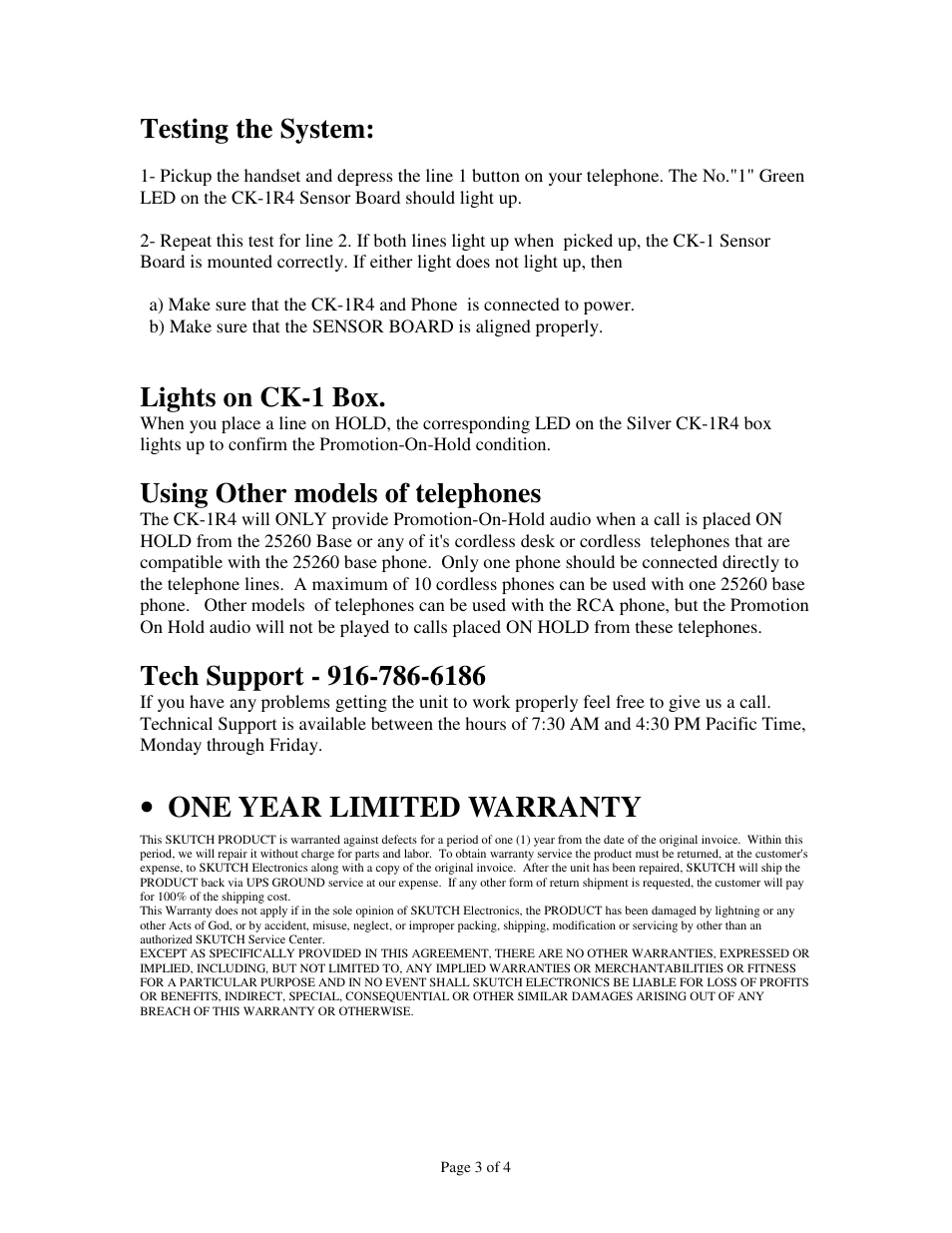 One year limited warranty, Testing the system, Lights on ck-1 box | Using other models of telephones | Skutch Electronics CK-1R4 User Manual | Page 3 / 4