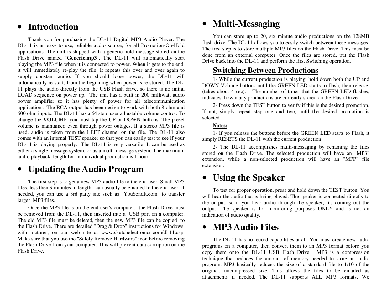 Skutch Electronics DL-11 User Manual | 2 pages