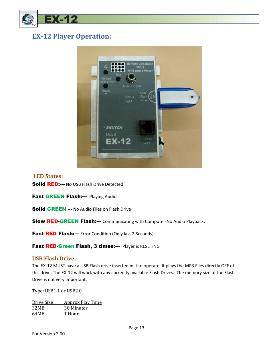 Ex-12 player operation, Led states, Usb flash drive | Ex-12 | Skutch Electronics EX-12 Technical Reference Guide User Manual | Page 13 / 25