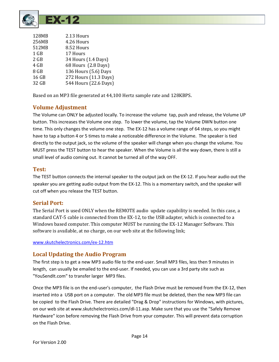 Volume adjustment, Test, Serial port | Local updating the audio program, Ex-12 | Skutch Electronics EX-12 Technical Reference Guide User Manual | Page 14 / 25