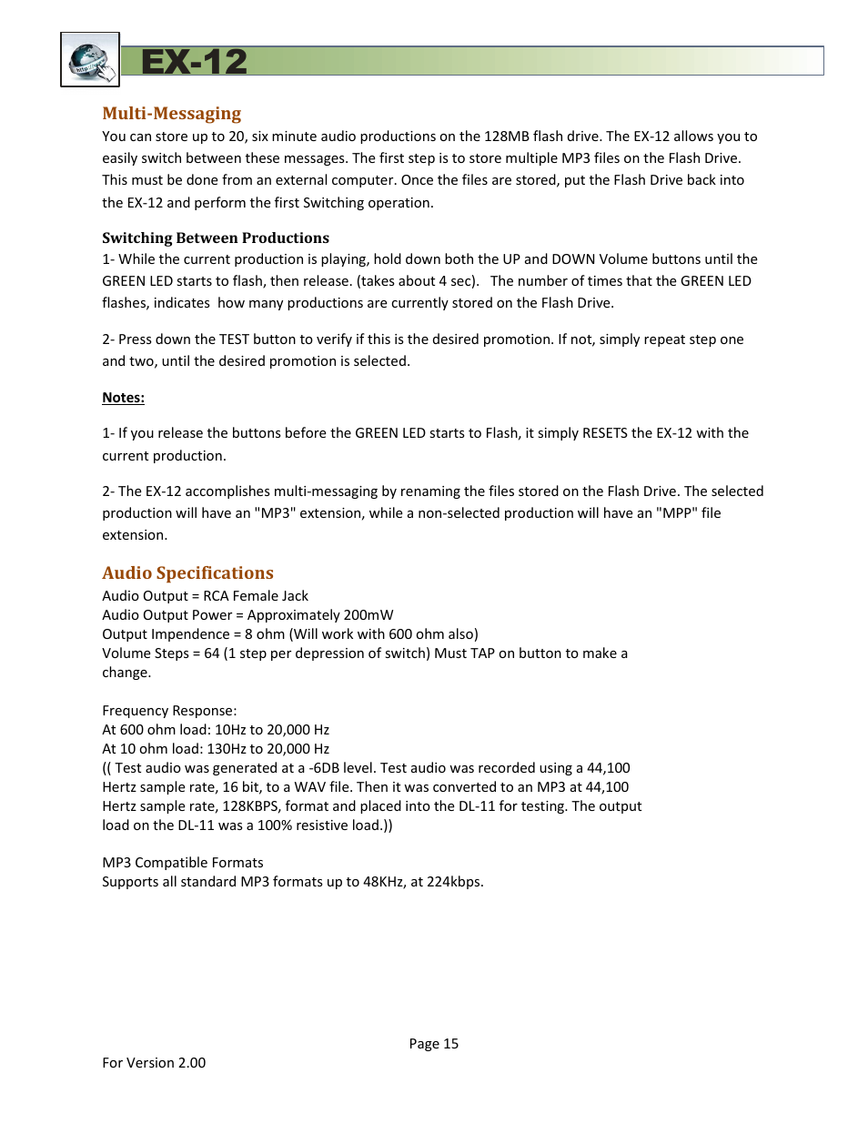Multi-messaging, Switching between productions, Audio specifications | Ex-12 | Skutch Electronics EX-12 Technical Reference Guide User Manual | Page 15 / 25