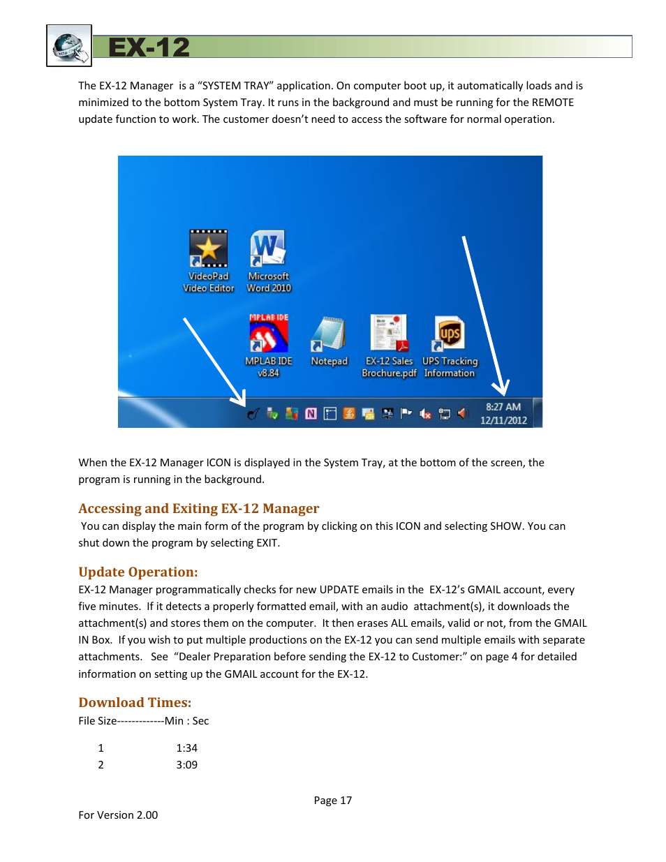 Accessing and exiting ex-12 manager, Update operation, Download times | Ex-12, System tray, Ex-12 manager icon | Skutch Electronics EX-12 Technical Reference Guide User Manual | Page 17 / 25