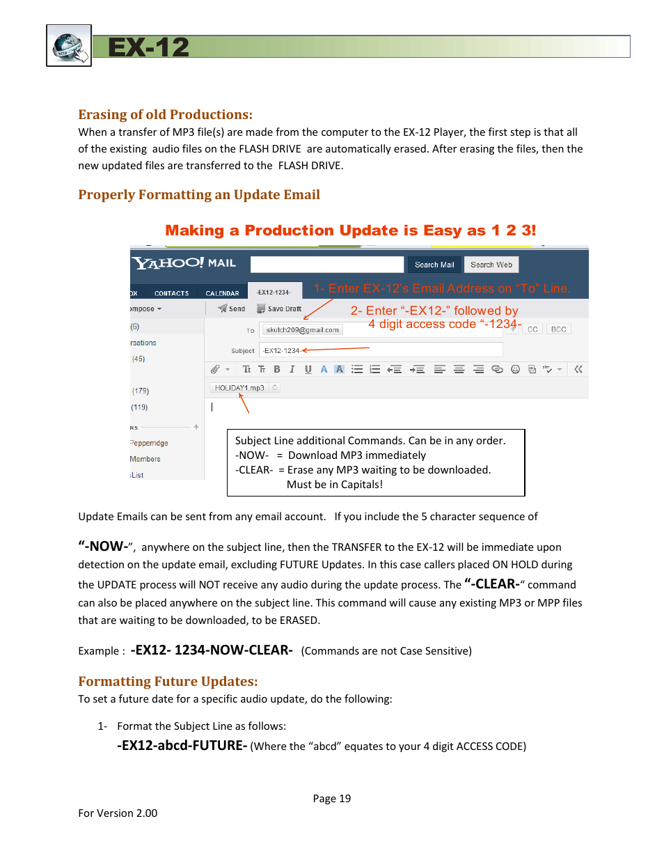 Erasing of old productions, Properly formatting an update email, Formatting future updates | Ex-12 | Skutch Electronics EX-12 Technical Reference Guide User Manual | Page 19 / 25