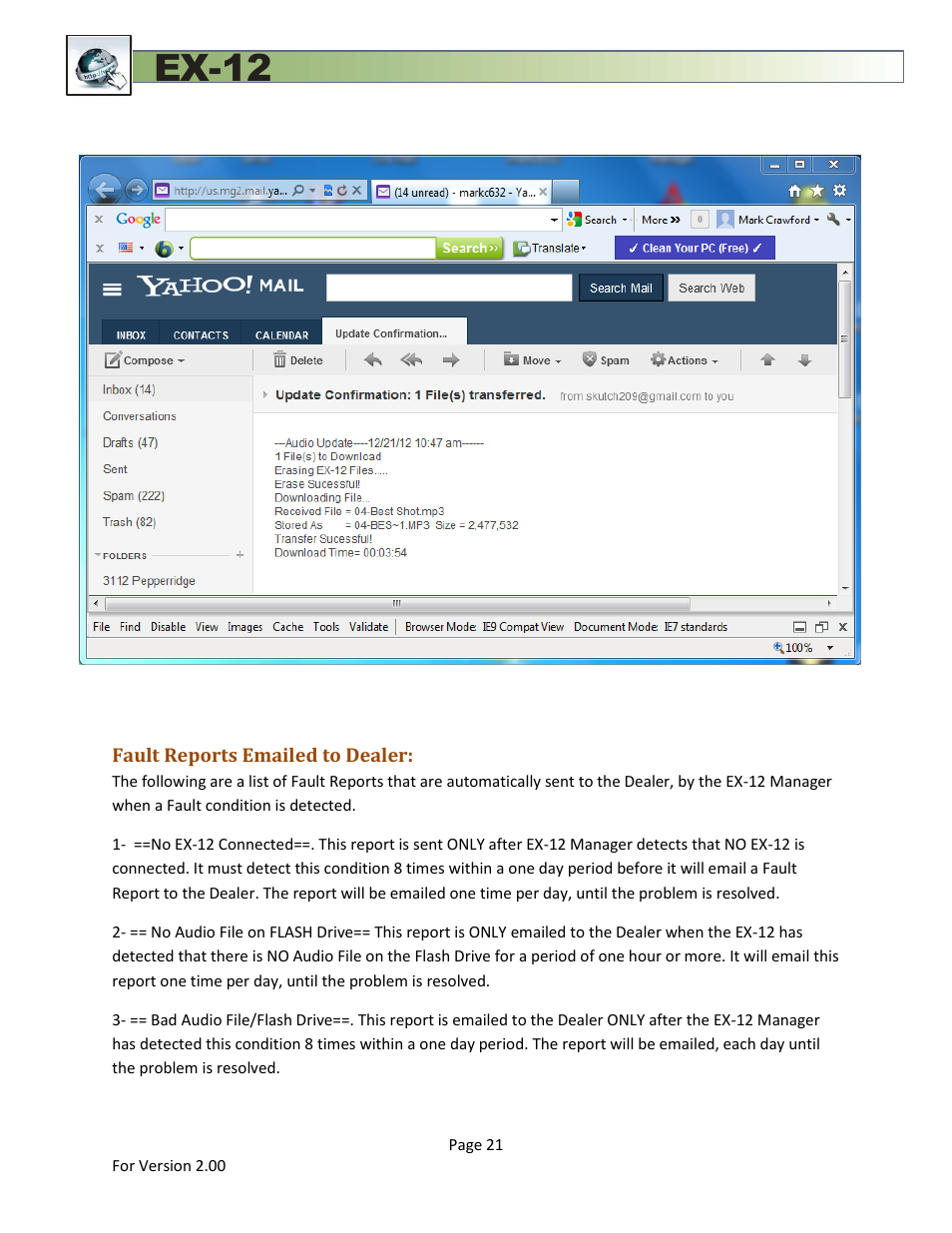 Fault reports emailed to dealer, Ex-12 | Skutch Electronics EX-12 Technical Reference Guide User Manual | Page 21 / 25