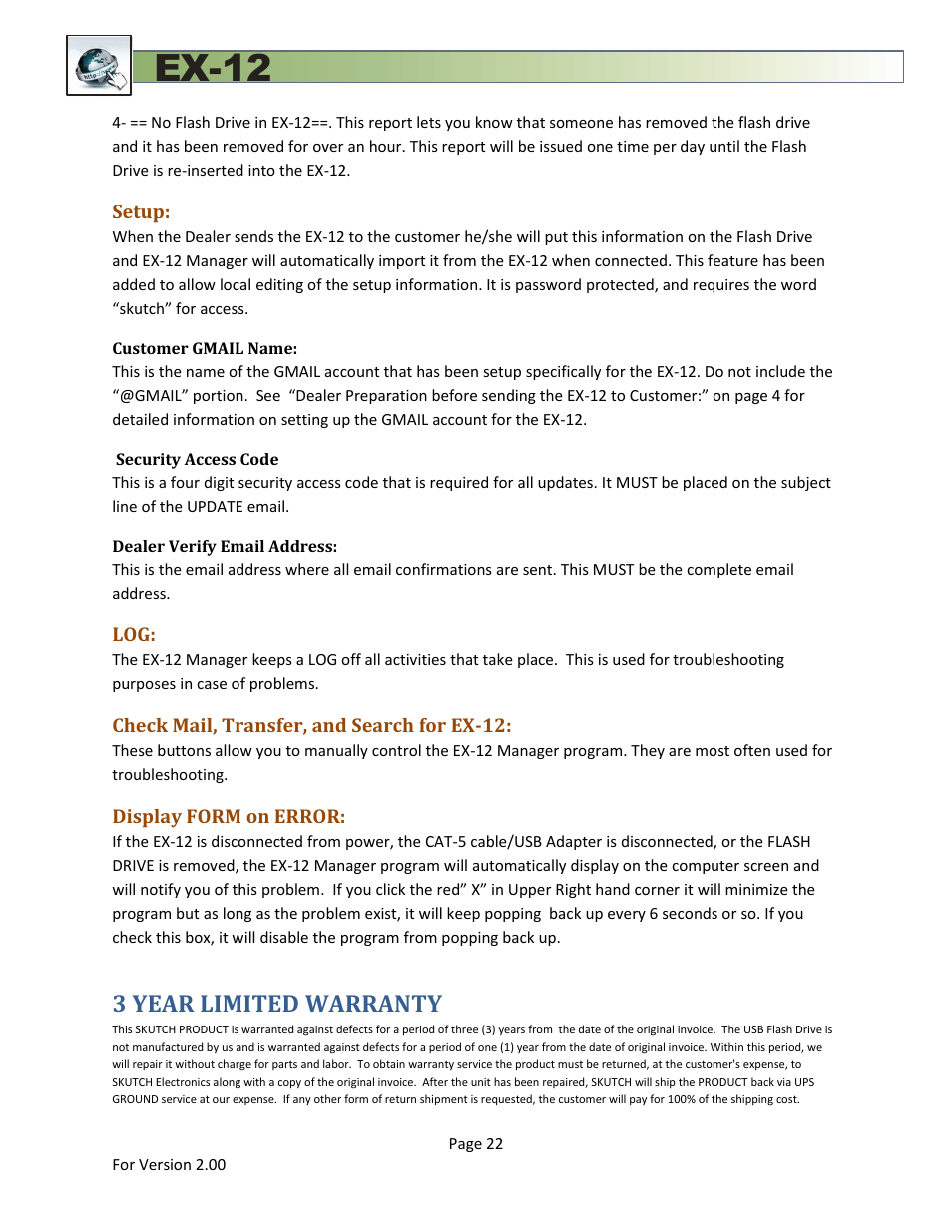 Setup, Customer gmail name, Security access code | Dealer verify email address, Check mail, transfer, and search for ex-12, Display form on error, 3 year limited warranty, Ex-12 | Skutch Electronics EX-12 Technical Reference Guide User Manual | Page 22 / 25