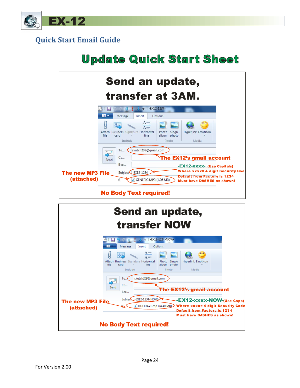 Quick start email guide, Ex-12, Send an update, transfer at 3am | Send an update, transfer now | Skutch Electronics EX-12 Technical Reference Guide User Manual | Page 24 / 25