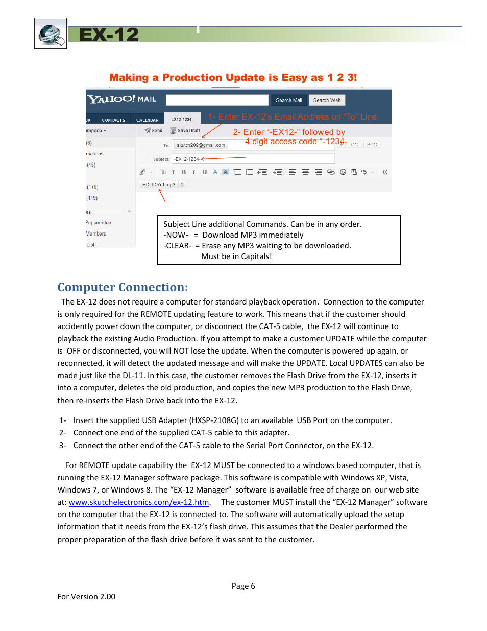 Computer connection, Ex-12 | Skutch Electronics EX-12 Technical Reference Guide User Manual | Page 6 / 25
