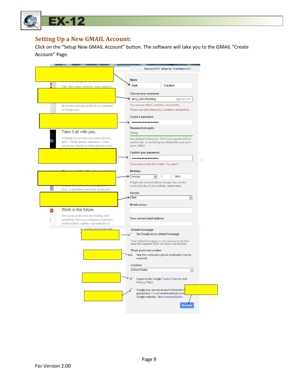 Setting up a new gmail account, Ex-12, 1 enter your name | 4 skutchelectronics | Skutch Electronics EX-12 Technical Reference Guide User Manual | Page 9 / 25
