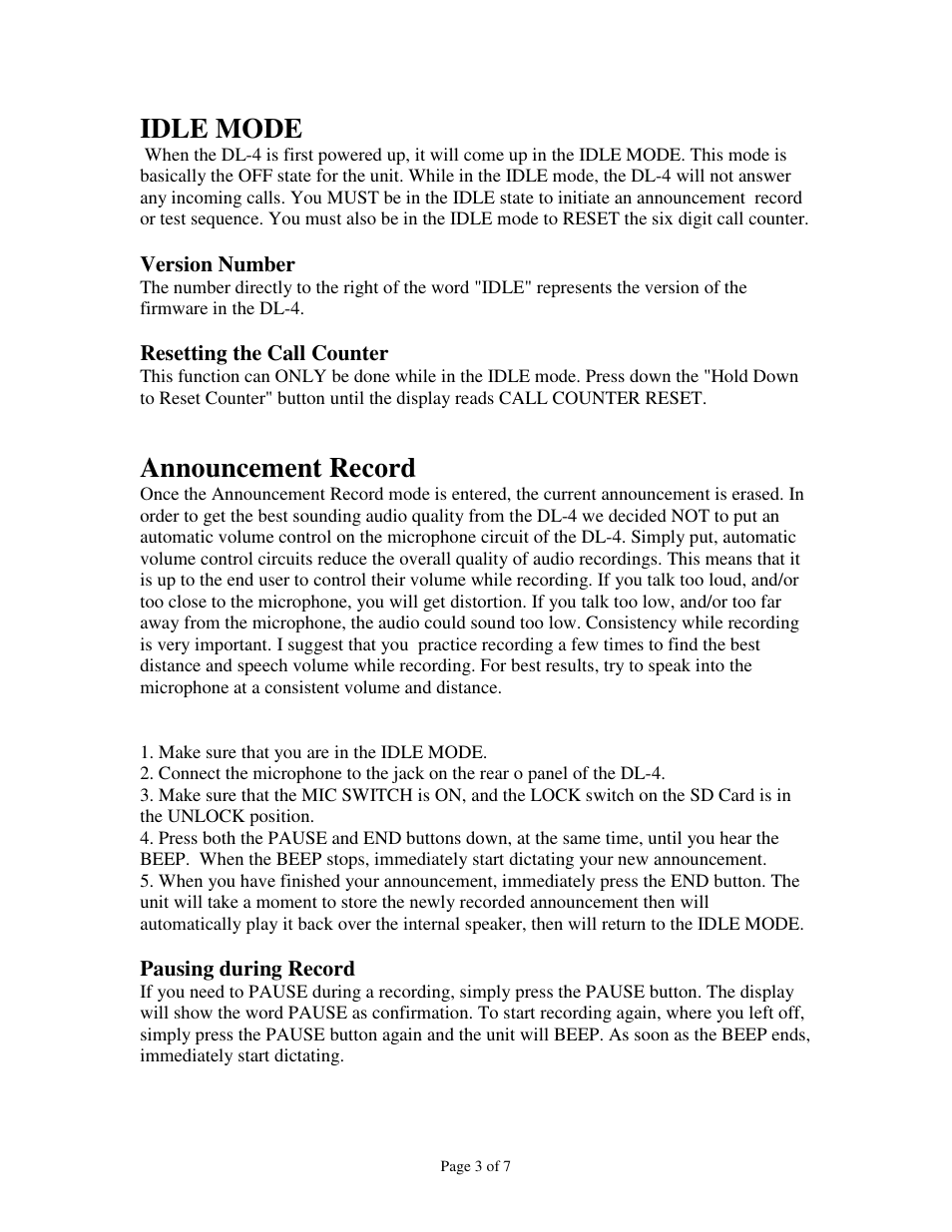 Idle mode, Announcement record | Skutch Electronics DL-4 User Manual | Page 3 / 7