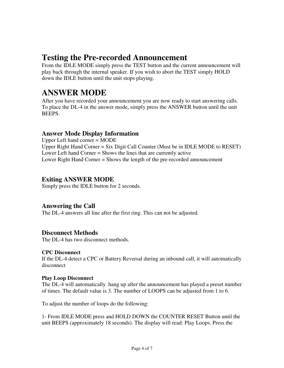 Testing the pre-recorded announcement, Answer mode | Skutch Electronics DL-4 User Manual | Page 4 / 7