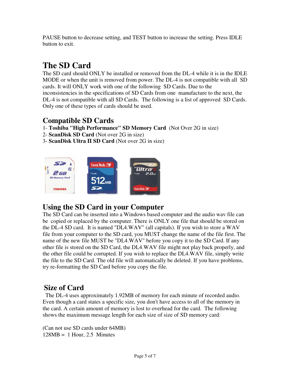 The sd card, Compatible sd cards, Using the sd card in your computer | Size of card | Skutch Electronics DL-4 User Manual | Page 5 / 7